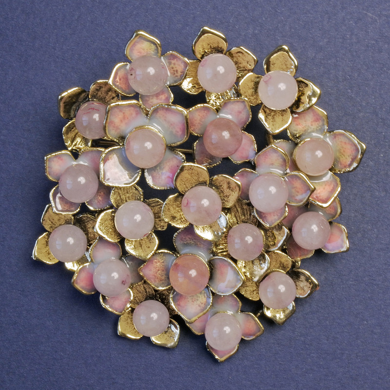 Brooch pendant Flowers with Rose Quartz, enamel, gold-toned metal 60x62 mm+