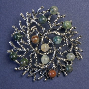 Brooch pendant 'Branches' with Moss Agate, silver-tone metal 60mm+