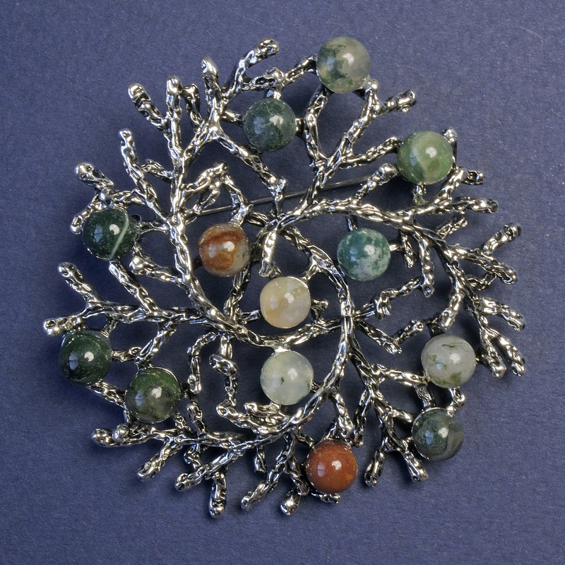 Brooch pendant 'Branches' with Moss Agate, silver-tone metal 60mm+
