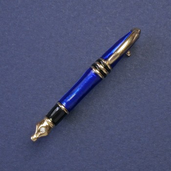 Brooch 'Pen with White Crystals' blue enamel golden metal 45x5 mm+