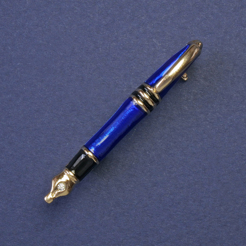 Brooch 'Pen with White Crystals' blue enamel golden metal 45x5 mm+