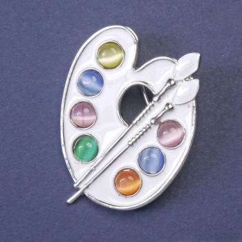 Palette Brooch, multicolored enamel, silver metal 38×29 mm+