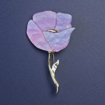 Rainbow Poppy Brooch with Iridescent Pearlized Shine and Rhinestones, Gold-Tone Metal, 76x46 mm