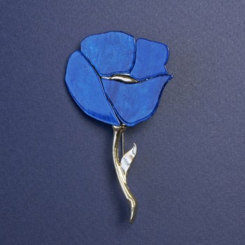 Brooch Blue Poppy with Blue Mother-of-Pearl and Glitter on Golden Metal 76x46 mm+