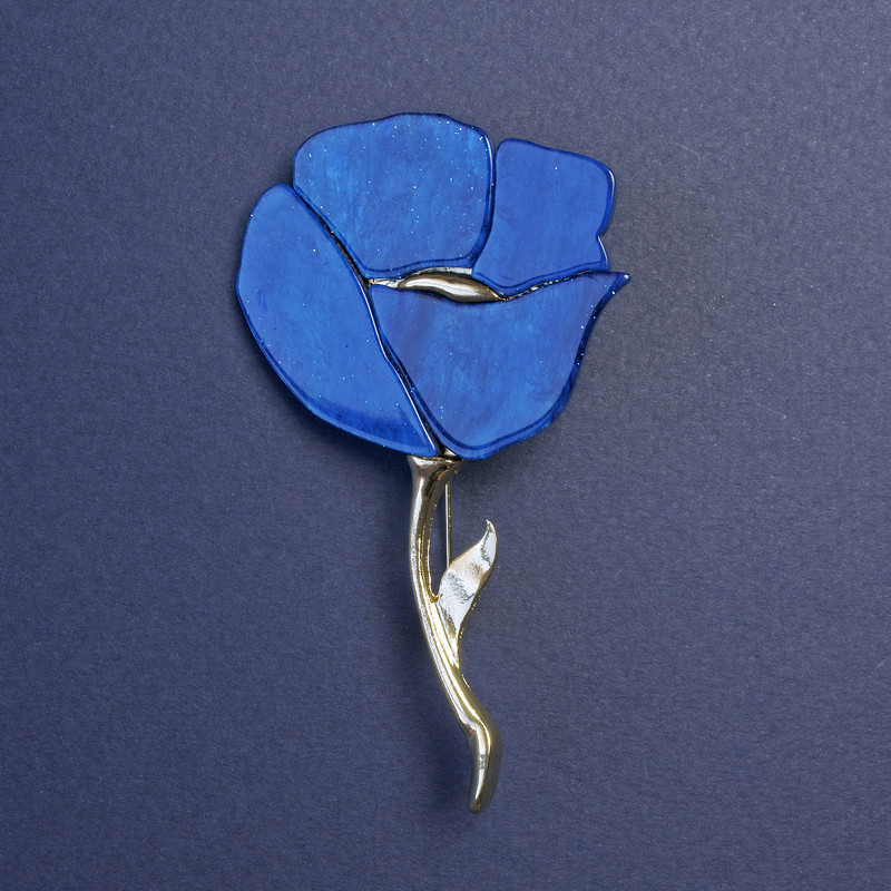 Brooch Blue Poppy with Blue Mother-of-Pearl and Glitter on Golden Metal 76x46 mm+