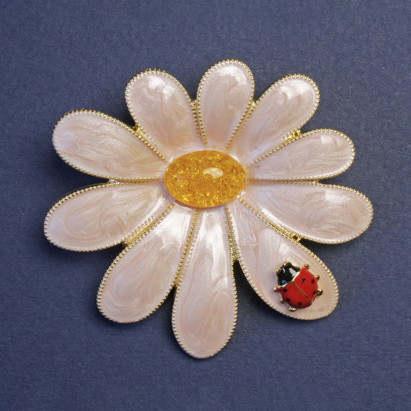 Brooch Flower with 'Ladybug' 56x52 mm, pink and yellow enamel, golden metal