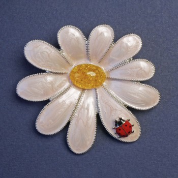 Brooch Flower with "Ladybug" 56x52 mm +/-, pink and yellow enamel, silvery metal