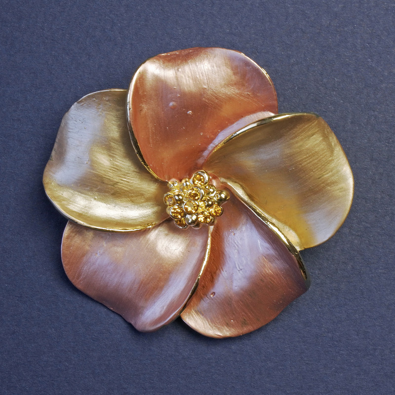 Brooch Flower with Yellow Crystals 50x50mm ±, Pearlescent Enamel, Gold-Tone Metal