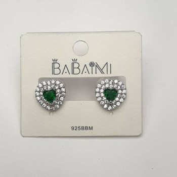 Earrings with a green crystal and rhinestones 'Heart', diameter 12mm