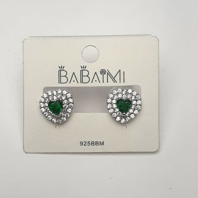 Earrings with a green crystal and rhinestones 'Heart', diameter 12mm