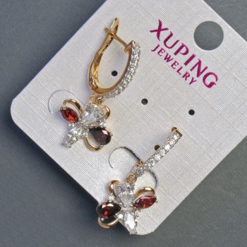 Xuping Earrings, 18K Gold Plating and Rhodium, with Red Stone and White Crystals, 30x12mm