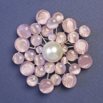 Brooch with pink Cat's Eye stone (synthetic) and pearl (imitation) 55x55 mm ± silver metal