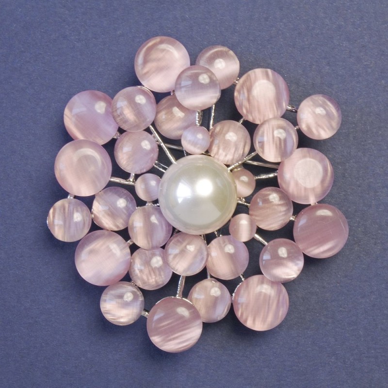 Brooch with pink Cat's Eye stone (synthetic) and pearl (imitation) 55x55 mm ± silver metal