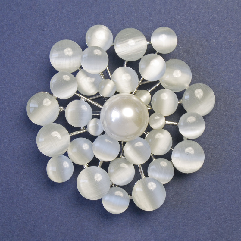 Brooch with Gray Cat's Eye Stone (synthetic) and imitation Pearl, 55x55 mm, ± silver-tone metal