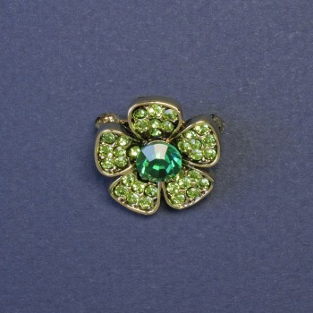 Brooch Flower with Green Rhinestones 20mm ± Silvery Metal
