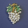 Brooch-Pendant Grape Cluster with White Pearls 45×30 mm ± Green Enamel Gold-Tone Metal