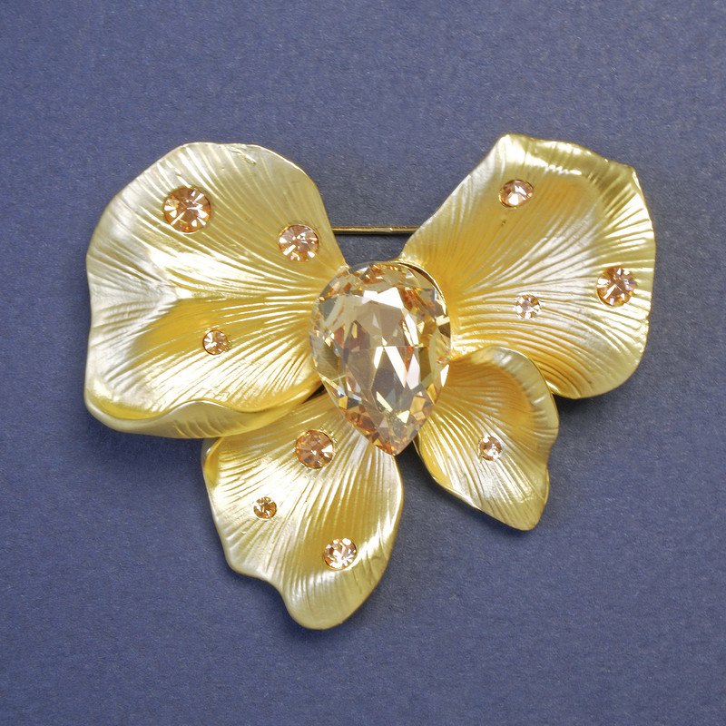 Bow Brooch with Large Yellow Crystal 53×48mm ± Gold-Tone Metal