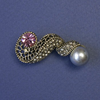 Accent Brooch with Gray Pearl and Pink Rhinestone, 44x20mm ± Bronze Metal