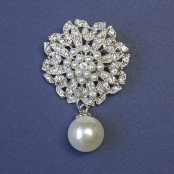 Accent Brooch, encrusted with small white pearls and crystals, with a pendant, 34x55 mm, silver-tone metal