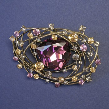 Accent Brooch with a Large Purple Heart-Shaped Crystal, 63×43 mm, Yellow Gold Setting