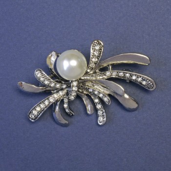 Accent Brooch with White Pearl and White Crystals, 35×55 mm, Silver-Tone Metal