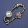 Brooch Orbit with Planets, White Pearl (man-made), Pink Rhinestones, 53×32 mm, Silver-tone Metal