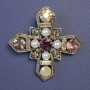 Maltese Cross Brooch Encrusted with White Pearls and Multicolored Rhinestones, 52x52 mm ± Silver Metal