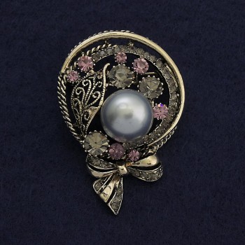 Boutonniere Brooch with Gray Pearl and Pink Rhinestones, 50x34 mm, Silvery Metal