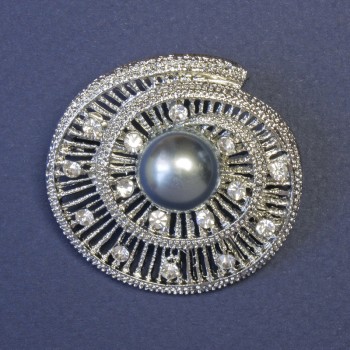 Accent Brooch with Gray Pearl (Imitation) and White Rhinestones, 42x42 mm, Silver-Toned Metal