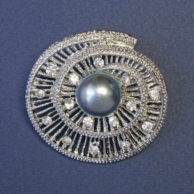 Accent Brooch with Gray Pearl (Imitation) and White Rhinestones, 42x42 mm, Silver-Toned Metal