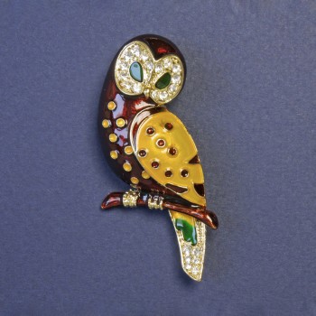 Owl-shaped brooch with brown and yellow enamel on golden metal, 55x28 mm+
