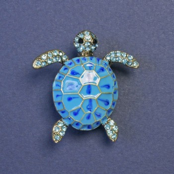 Turtle Brooch with Blue Enamel, Blue Crystals, Gold-Tone Metal, 33x33mm+