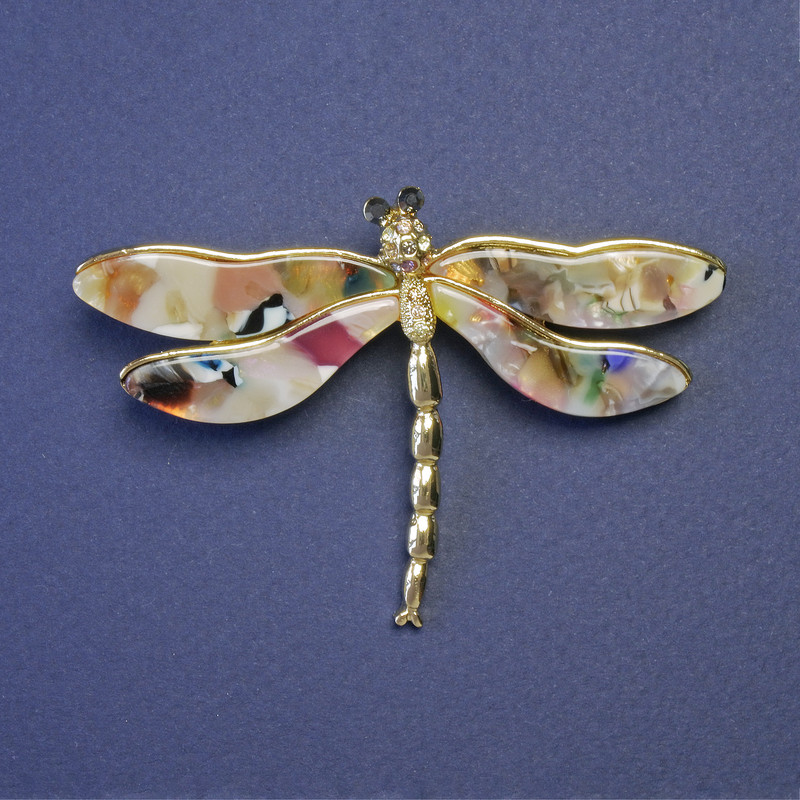 Butterfly Brooch with Red and White Pearlized Wings, 75x50mm, Gold-Tone Metal