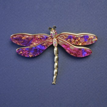 Butterfly Brooch with Purple Pearlescent Wings, 75x50mm, Golden Metal