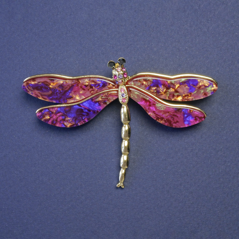Butterfly Brooch with Purple Pearlescent Wings, 75x50mm, Golden Metal