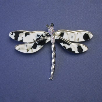 Butterfly Brooch with black-and-white pearlescent wings 75x50 mm silver-tone metal