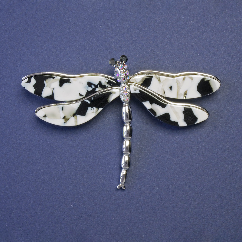 Butterfly Brooch with black-and-white pearlescent wings 75x50 mm silver-tone metal
