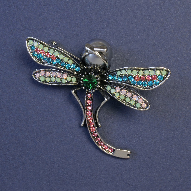 Butterfly Brooch with Multicolored Rhinestones and Gray Pearl, Gray Metal 49x40mm+
