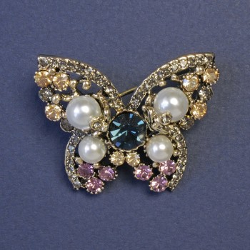 Butterfly Brooch with White Pearls and Pink, Blue, and Gray Rhinestones, 32x42 mm, Silvery Metal