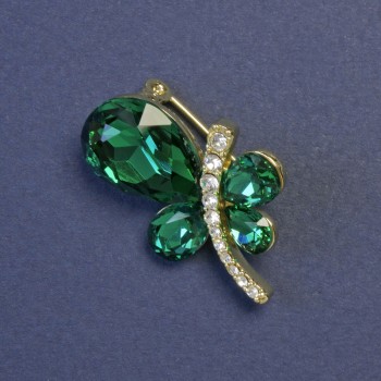 Butterfly Brooch with Green Crystals on Gold-Toned Metal 29x28mm+