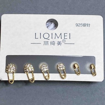 Set of Stud Earrings 'Pin' with White Crystals, diameter 10 mm, 6 mm ±, golden metal