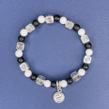 Bracelet with White Agate Beads and Shungite Beads, 6 mm Diameter, 18 cm Length, Stretch