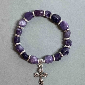 Lepidolite Bracelet, natural stone, faceted beads, 9x11 mm, length 18 cm, stretch