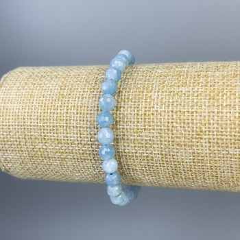 Aquamarine Bracelet with Faceted Beads, 6 mm Diameter, 18 cm Length, Stretch