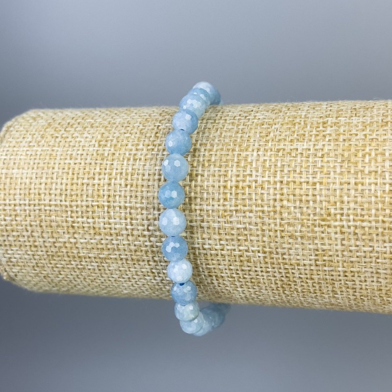 Aquamarine Bracelet with Faceted Beads, 6 mm Diameter, 18 cm Length, Stretch