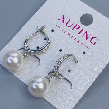 Xuping rhodium-plated earrings with a Mallorca pearl, 10 mm diameter and white rhinestones, 28 mm length +