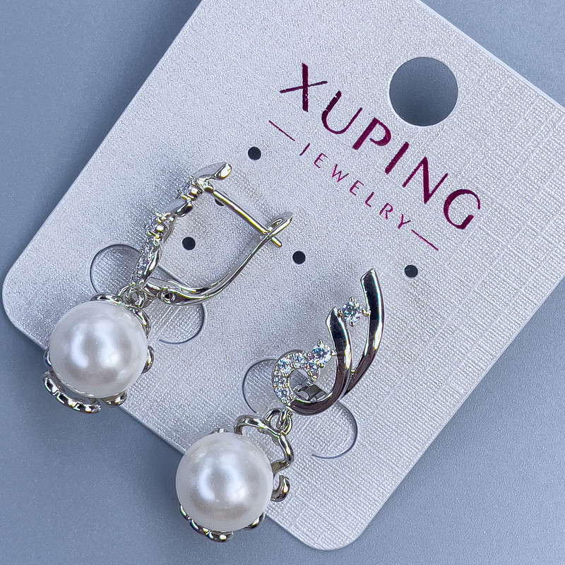 Xuping Rhodium-Plated Earrings with Pearl, 10 mm Diameter and White Rhinestones, 30 mm Length +