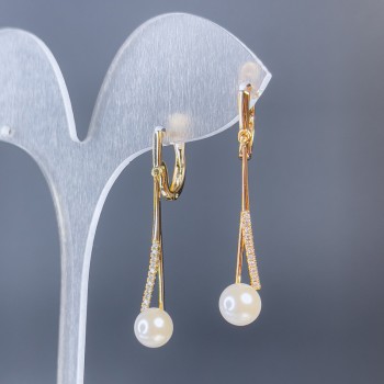 Xuping Earrings 18k Gold Plating with Pearl, 7 mm diameter and white crystals, 38 mm length +