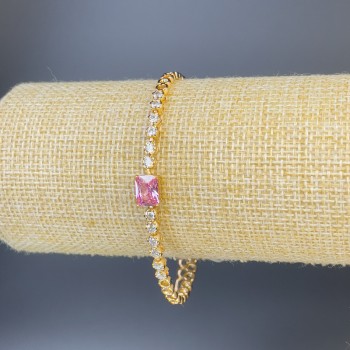 Xuping Bracelet with White Crystals and Pink Stone, 3 mm Thick, 19 cm Length +/- Gold Plated