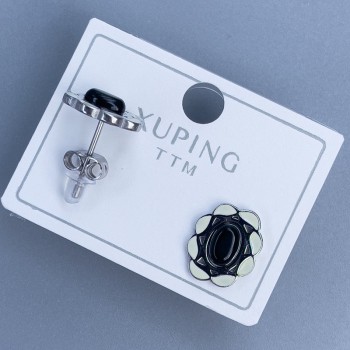 Xuping Black Stone Stud Earrings, Rhodium-Plated